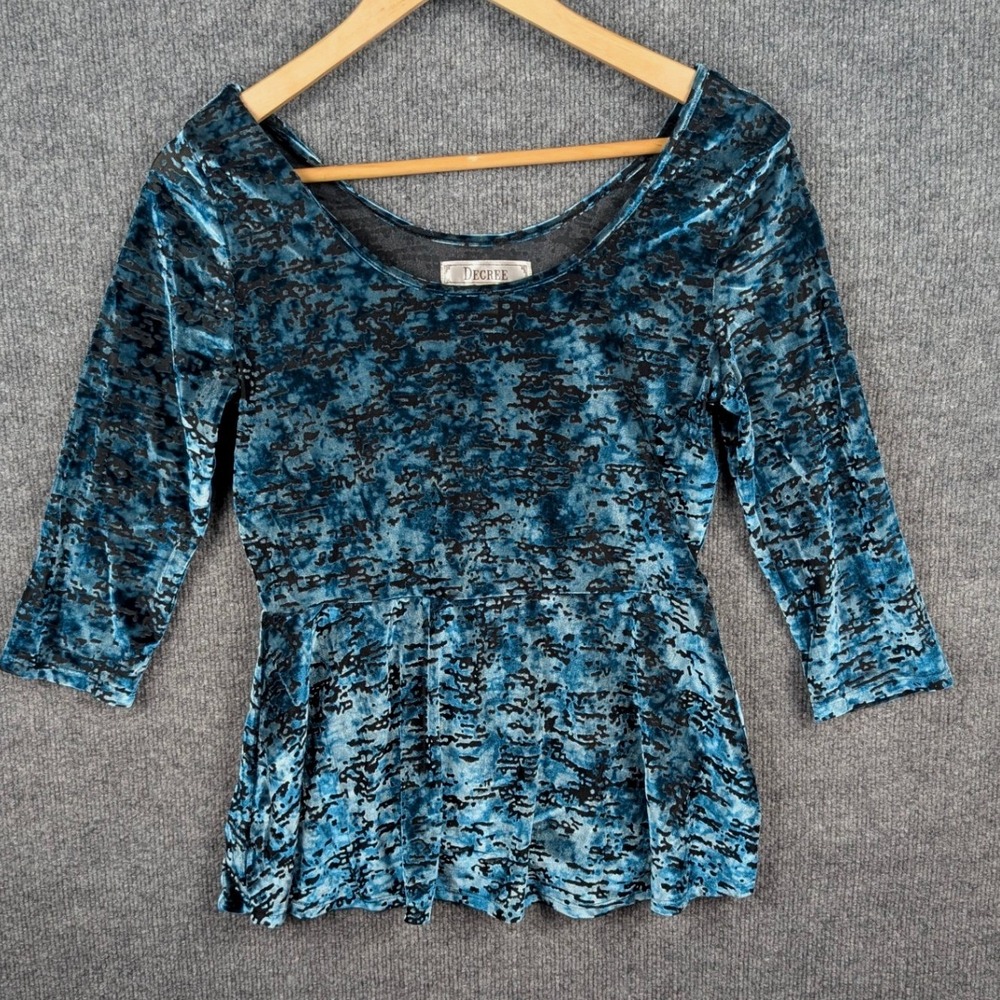 Decree Womens Top L Blue Black Crushed Velvet Burnout Peplum 3/4 Sleeve